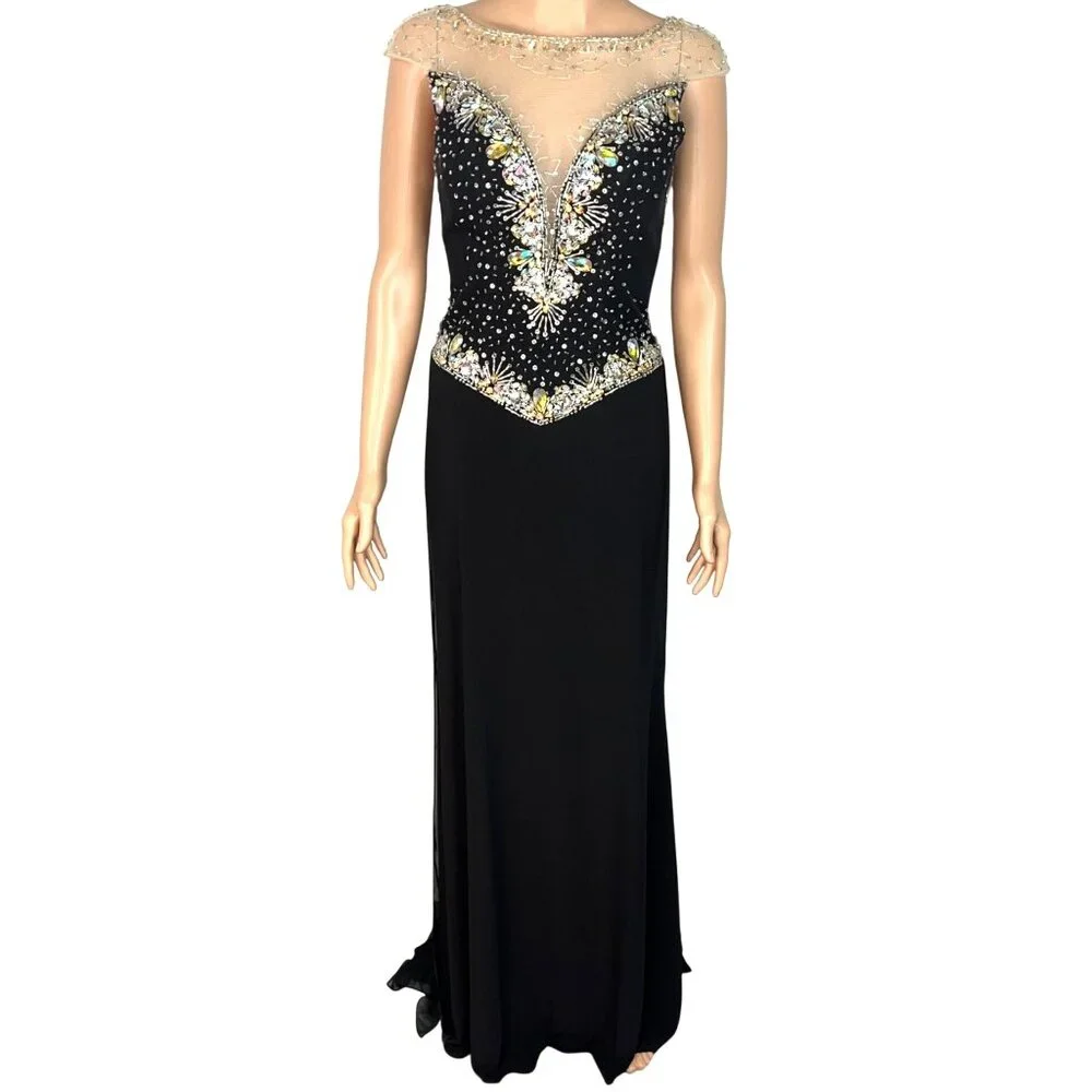 Panoply Black Rhinestone Embellished Mesh Illusion Gown Size 6 W Sheer Neckline - Picture 10 of 13